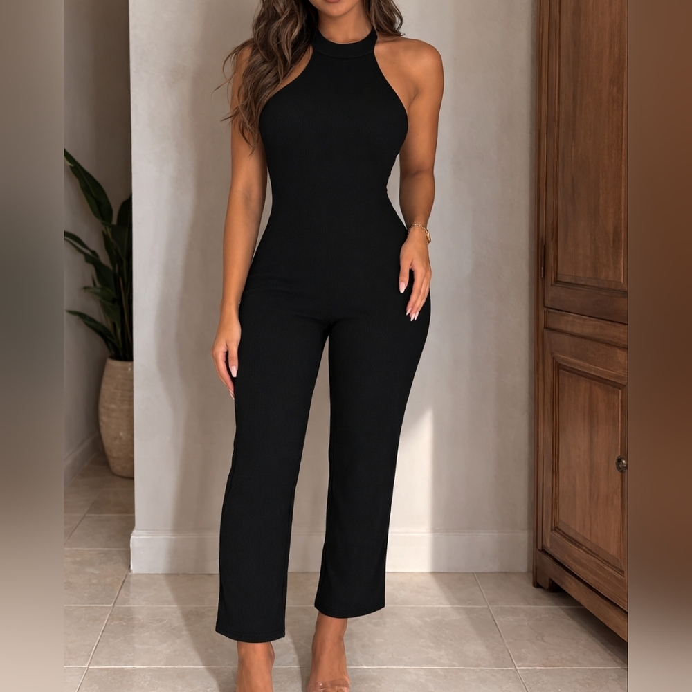 New Black Ribbed One Piece Backless Halter Bodycon Capri Jumpsuit, Size M